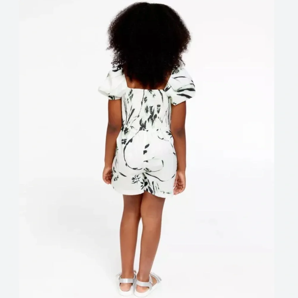 Tanya Taylor Mini Stevie Romper XS Green & Black Flowers on White Cotton Elastic